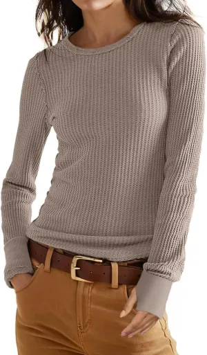 GRECERELLE Waffle Knit Long Sleeve Shirts for Women Crew Neck Slim Fitted Going Out Tops Y2k Outfits
