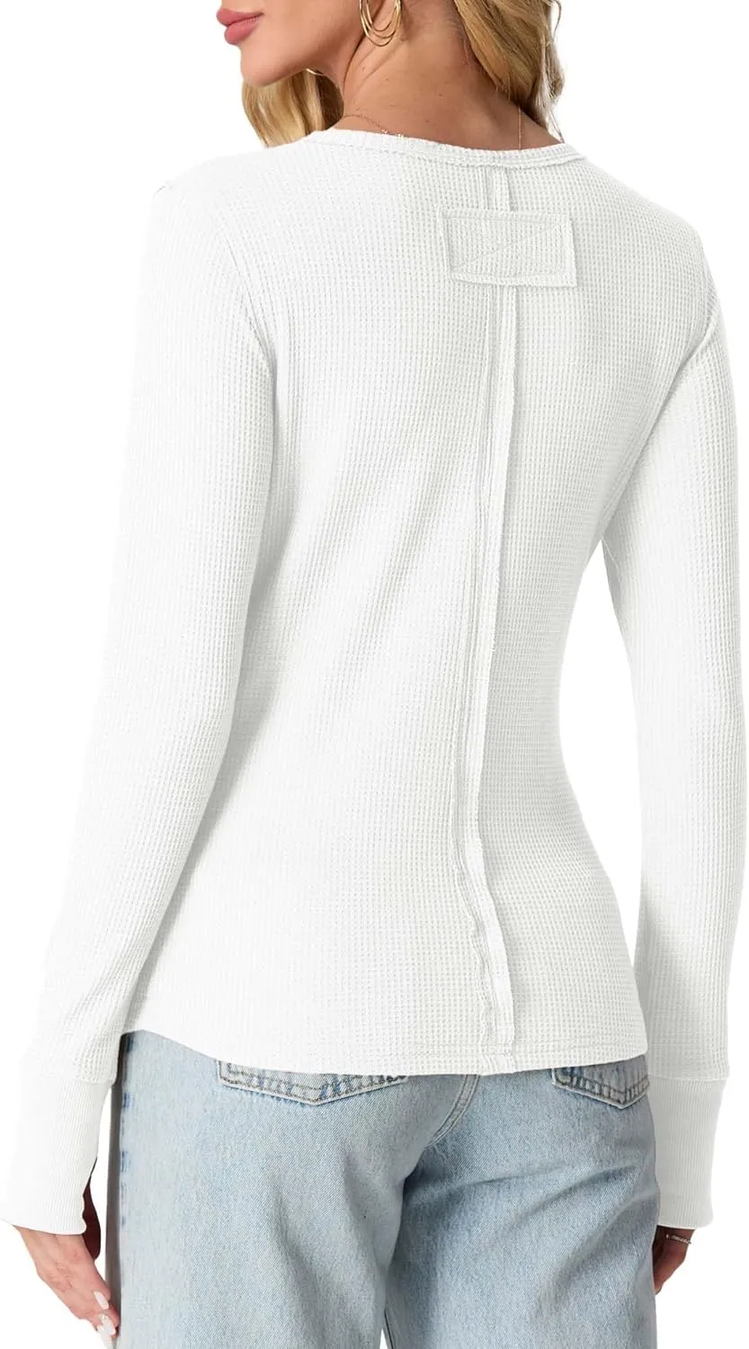 GRECERELLE Waffle Knit Long Sleeve Shirts for Women Crew Neck Slim Fitted Going Out Tops Y2k Outfits