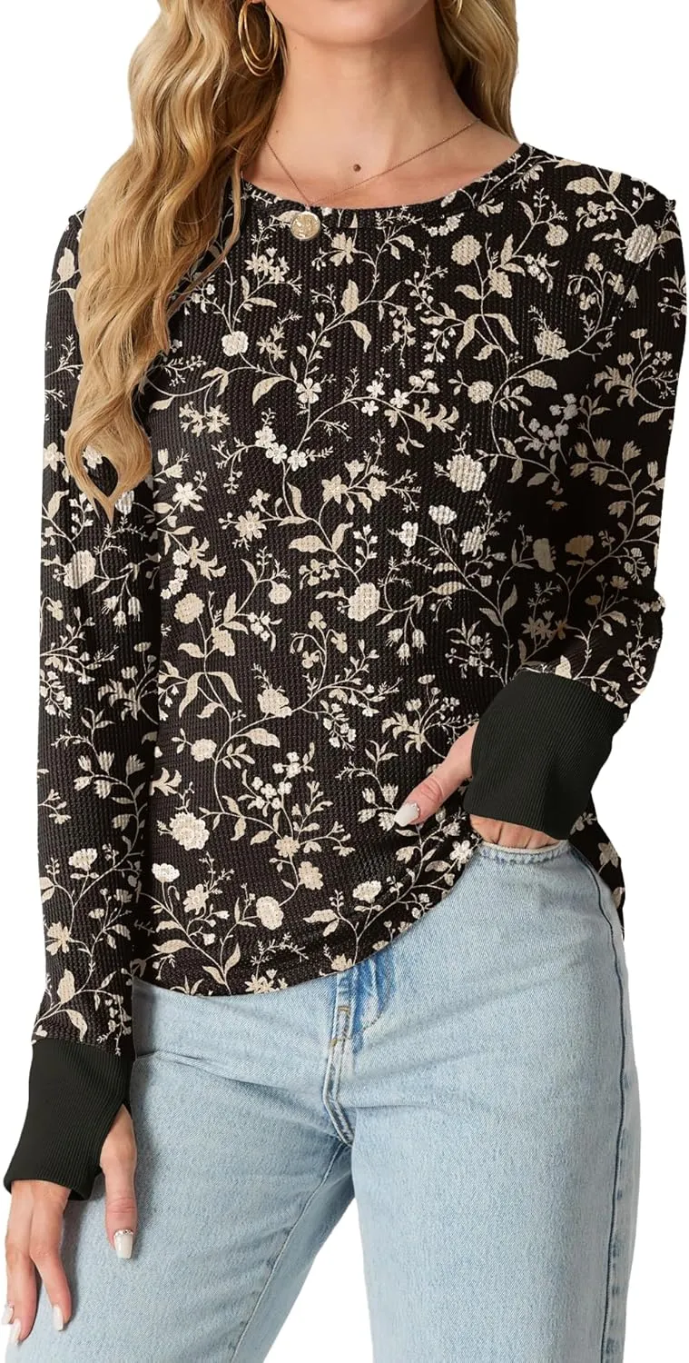GRECERELLE Waffle Knit Long Sleeve Shirts for Women Crew Neck Slim Fitted Going Out Tops Y2k Outfits