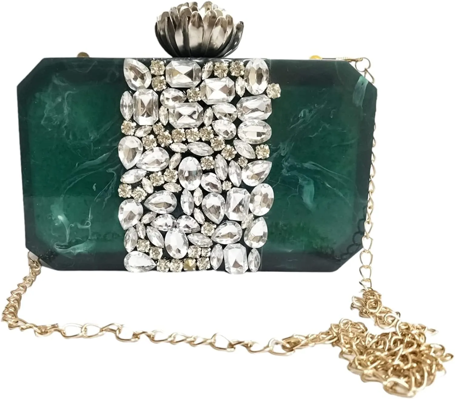 Green color mother of pearl MOP Purse Acrylic Clutch Evening Handbags Crossbody Bags for Women with floral design bridal bag stone embedded work