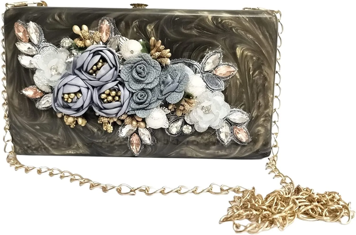 Grey color mother of pearl MOP Purse Acrylic Clutch Evening Handbags Crossbody Bags for Women with floral design bridal bag
