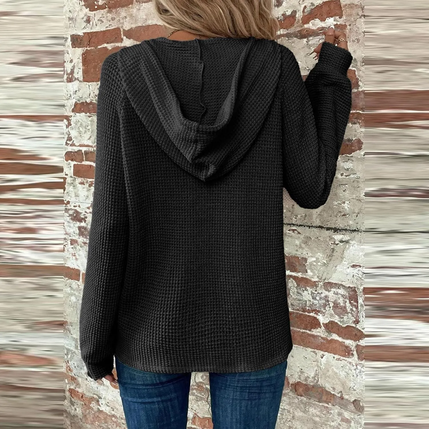 Gumipy Long Sleeve Shirts for Women Waffle V Neck Button Up Shirts Trendy Oversized Hoodies Tshirts Spring Casual Tunic Tops
