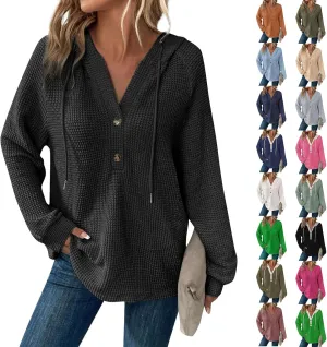 Gumipy Long Sleeve Shirts for Women Waffle V Neck Button Up Shirts Trendy Oversized Hoodies Tshirts Spring Casual Tunic Tops