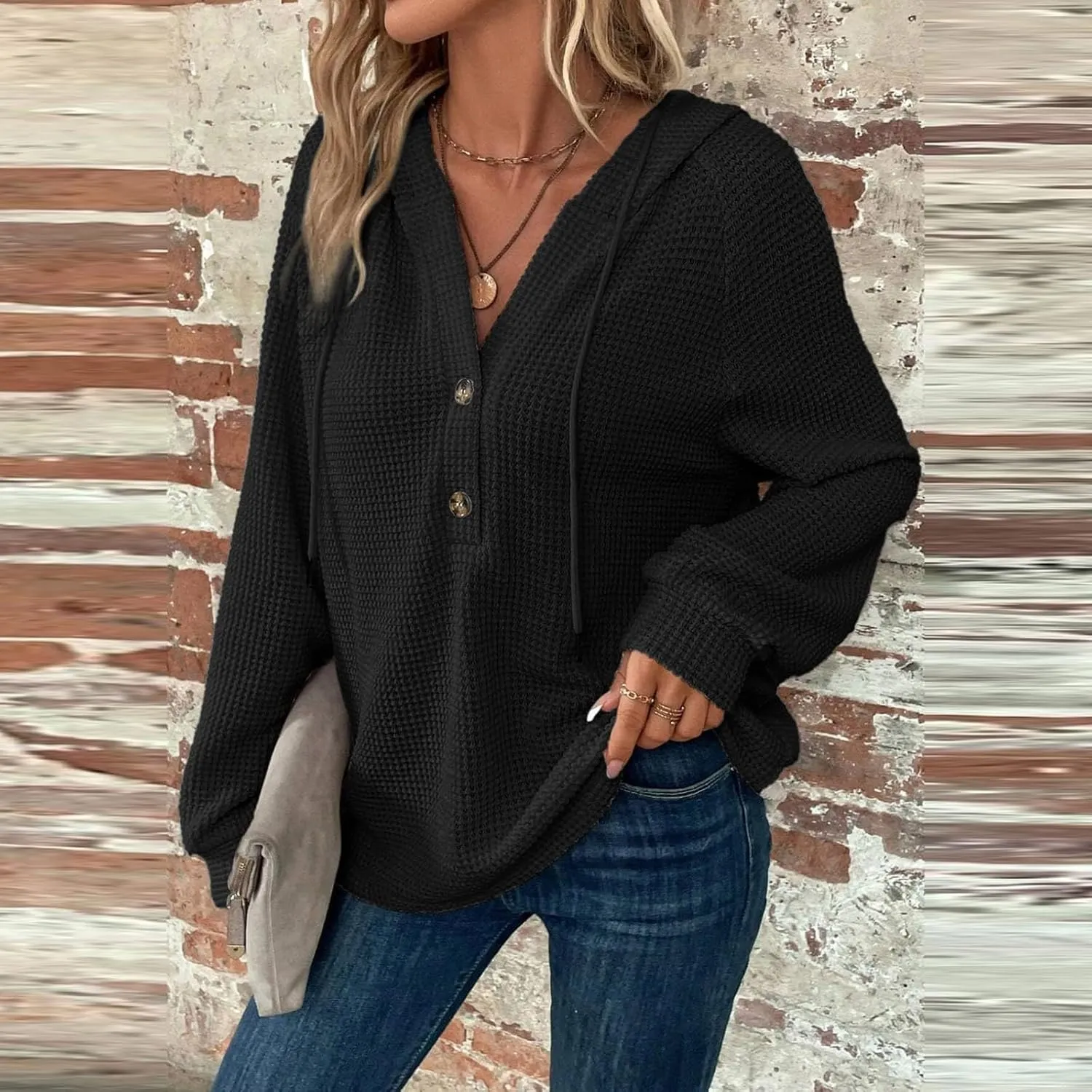 Gumipy Long Sleeve Shirts for Women Waffle V Neck Button Up Shirts Trendy Oversized Hoodies Tshirts Spring Casual Tunic Tops