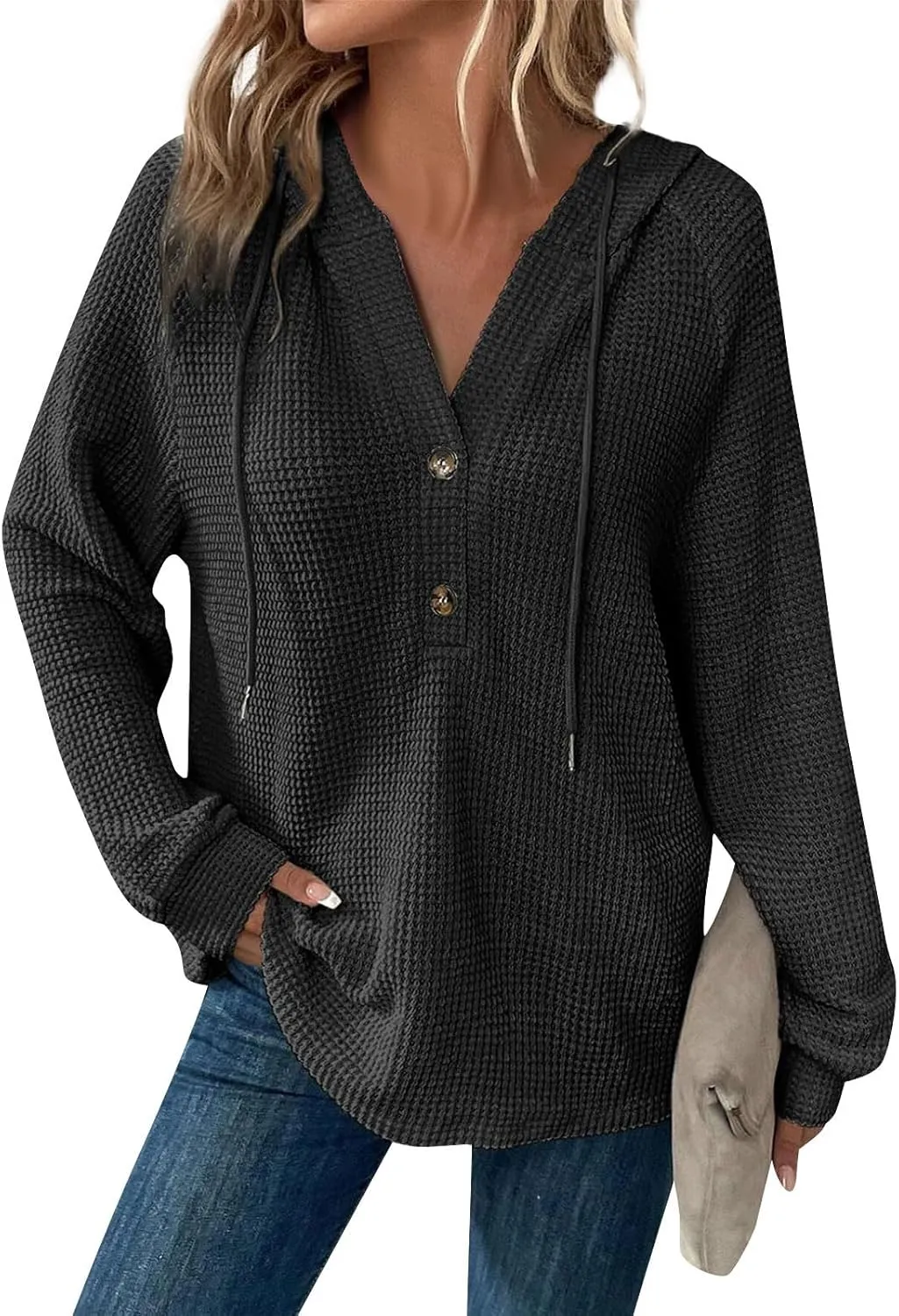 Gumipy Long Sleeve Shirts for Women Waffle V Neck Button Up Shirts Trendy Oversized Hoodies Tshirts Spring Casual Tunic Tops