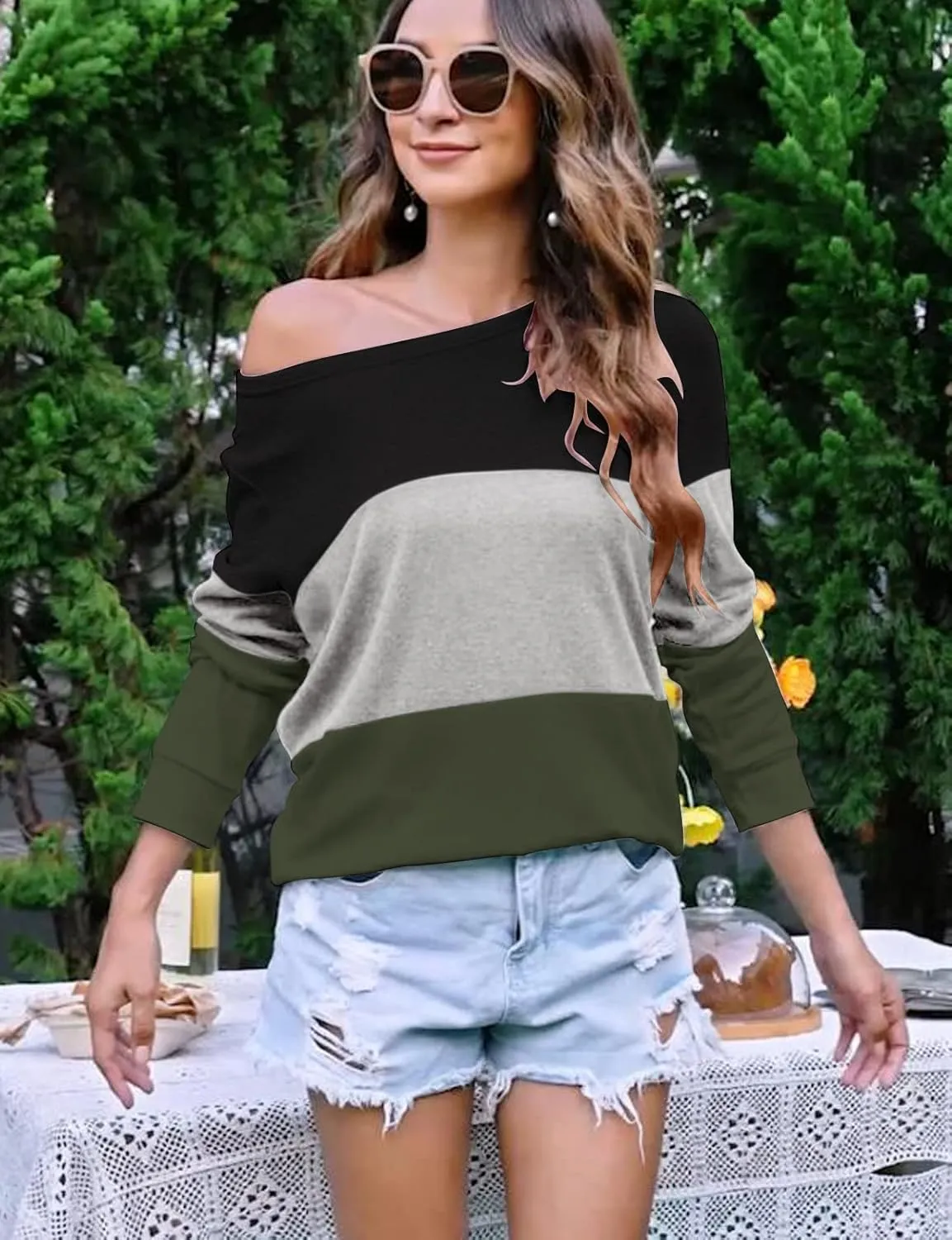 Halife Women's Long Sleeve Color Block Tops Crewneck Sweatshirts Pullover Tunic Shirts Blouses