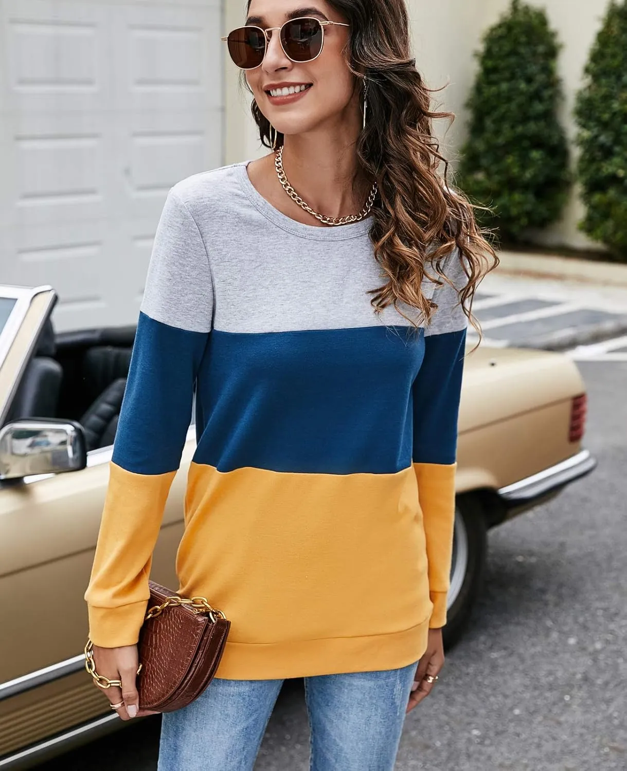 Halife Women's Long Sleeve Color Block Tops Crewneck Sweatshirts Pullover Tunic Shirts Blouses