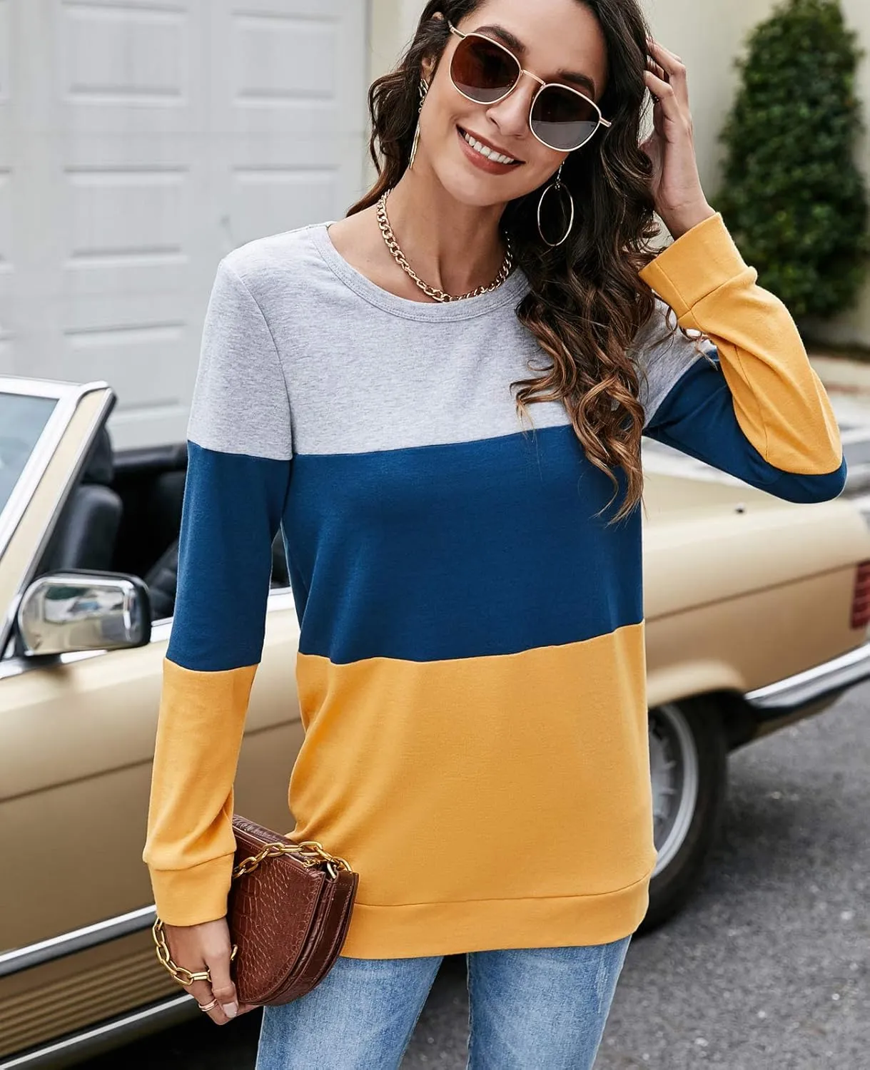 Halife Women's Long Sleeve Color Block Tops Crewneck Sweatshirts Pullover Tunic Shirts Blouses