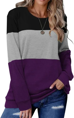 Halife Women's Long Sleeve Color Block Tops Crewneck Sweatshirts Pullover Tunic Shirts Blouses