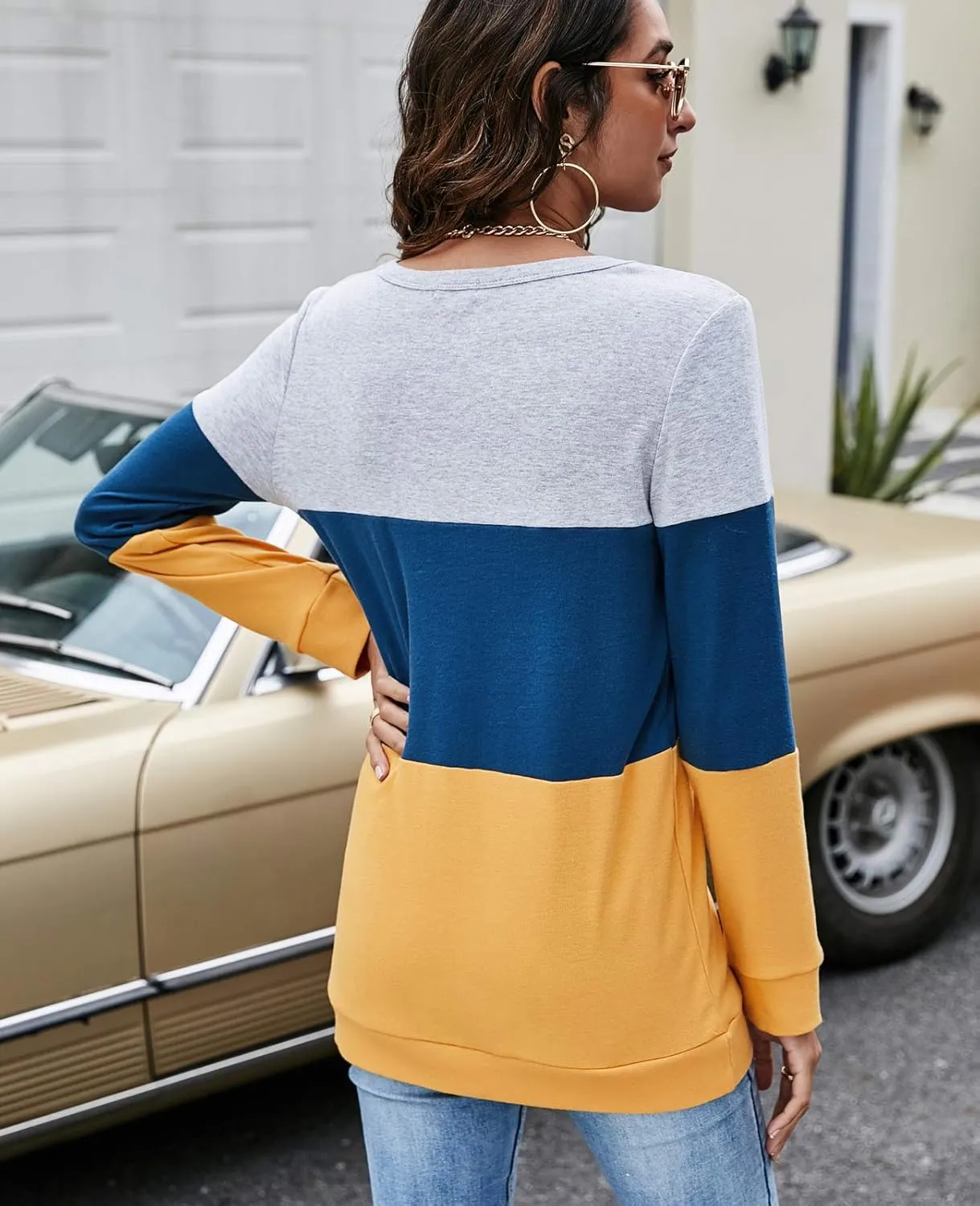 Halife Women's Long Sleeve Color Block Tops Crewneck Sweatshirts Pullover Tunic Shirts Blouses