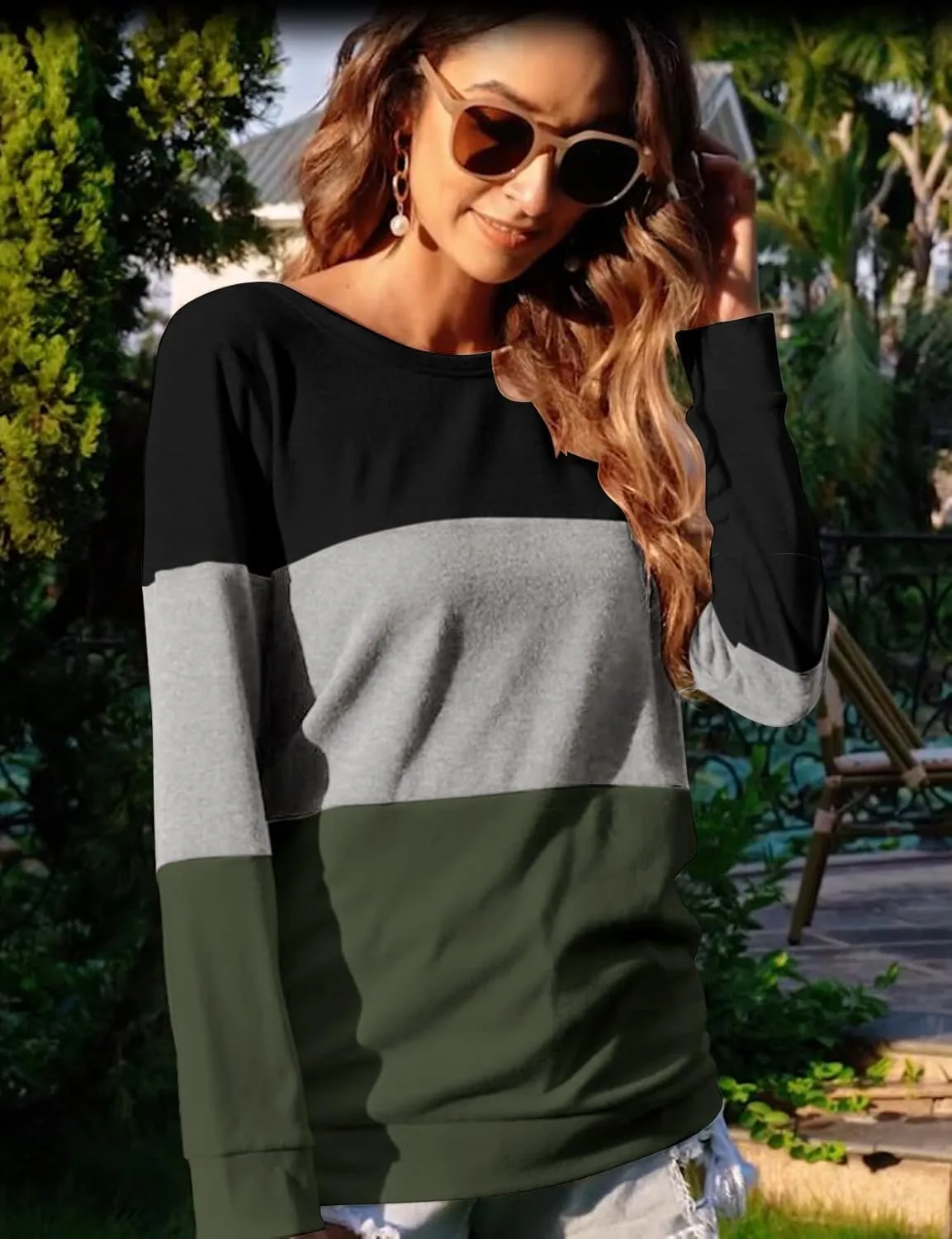 Halife Women's Long Sleeve Color Block Tops Crewneck Sweatshirts Pullover Tunic Shirts Blouses