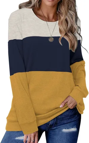 Halife Women's Long Sleeve Color Block Tops Crewneck Sweatshirts Pullover Tunic Shirts Blouses