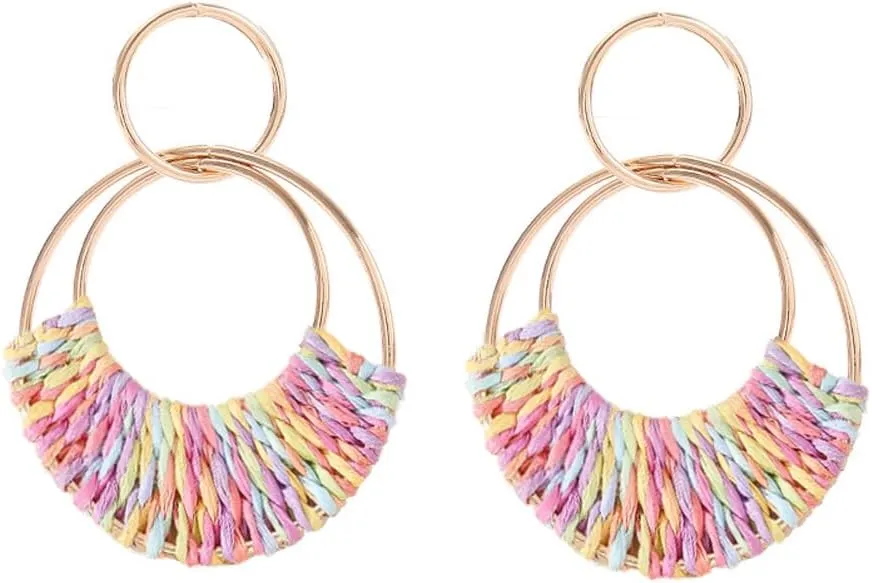Handmade Boho Raffia Hoop Earrings Statement Geometric Round Braided Straw Wicker Rattan Earrings for Women Beach Summer Jewelry