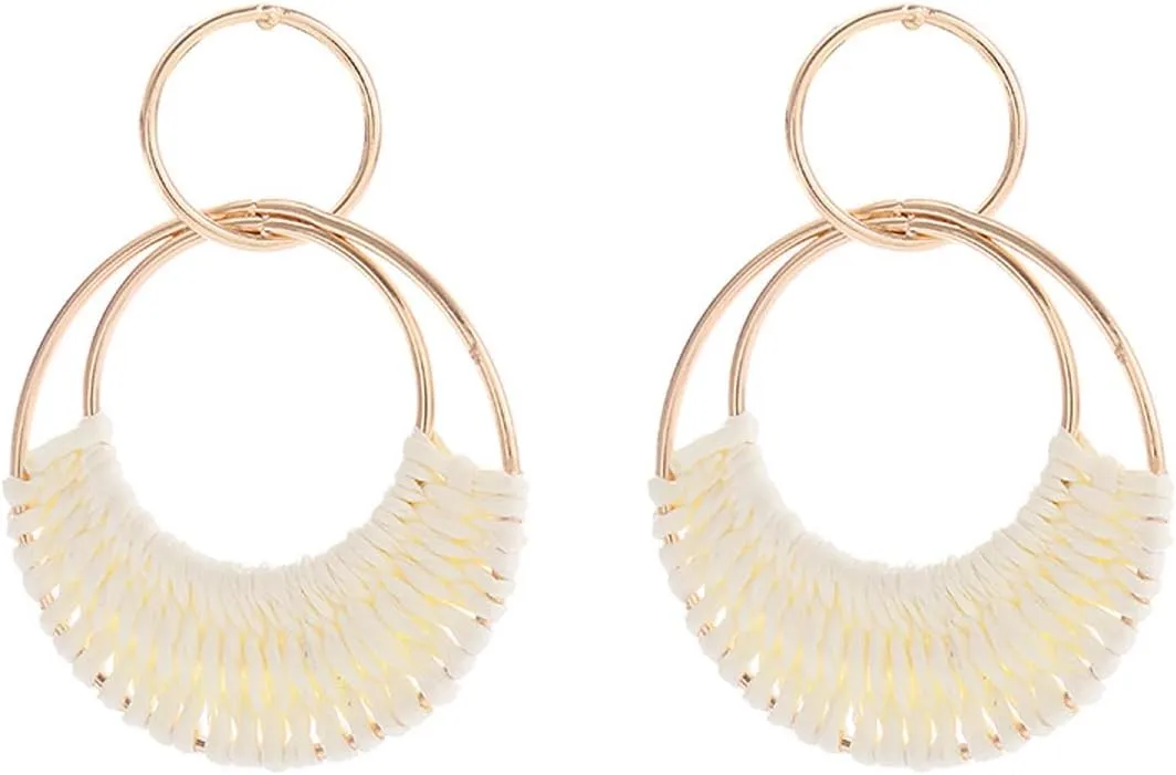 Handmade Boho Raffia Hoop Earrings Statement Geometric Round Braided Straw Wicker Rattan Earrings for Women Beach Summer Jewelry