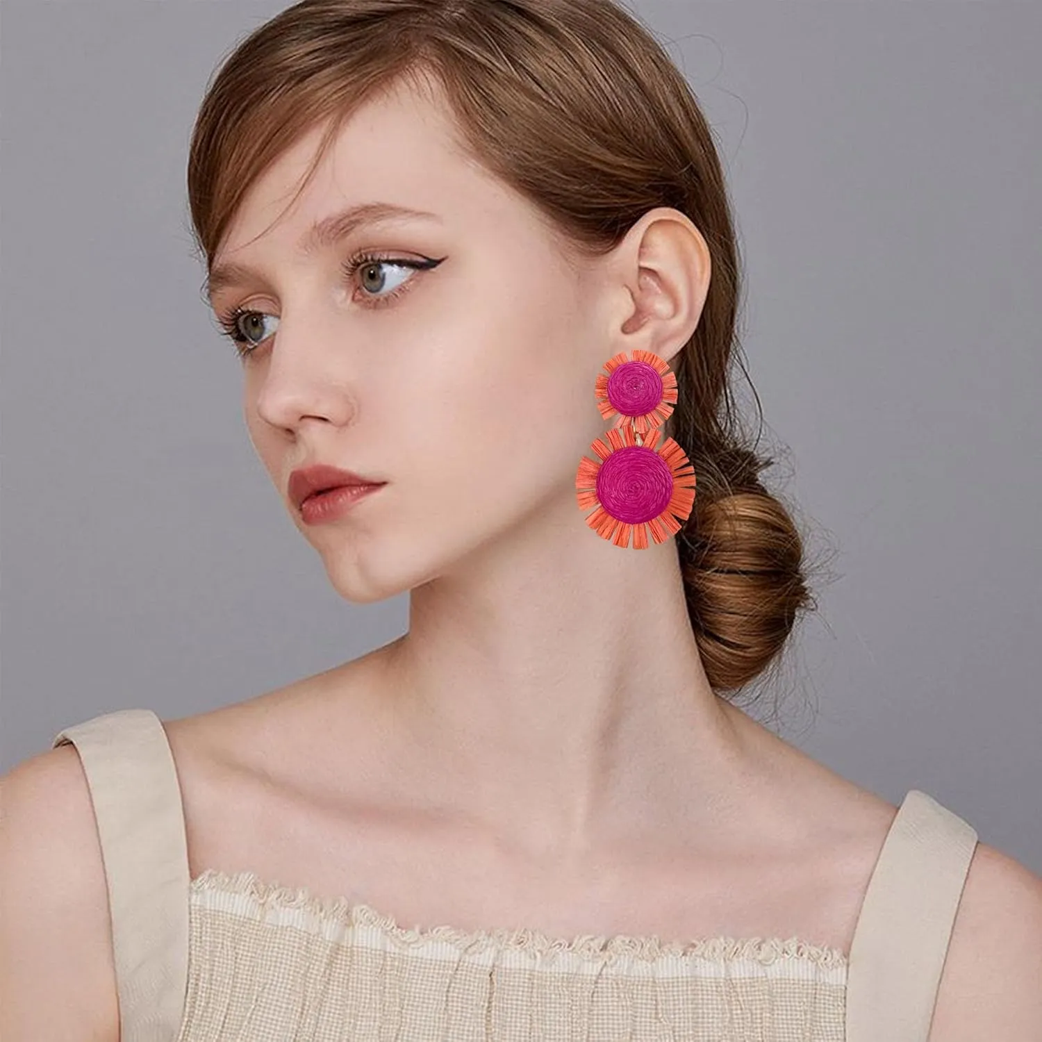 Handmade Statement Raffia Earrings Boho Rattan Dangle Earrings Straw Wrap Summer for Women