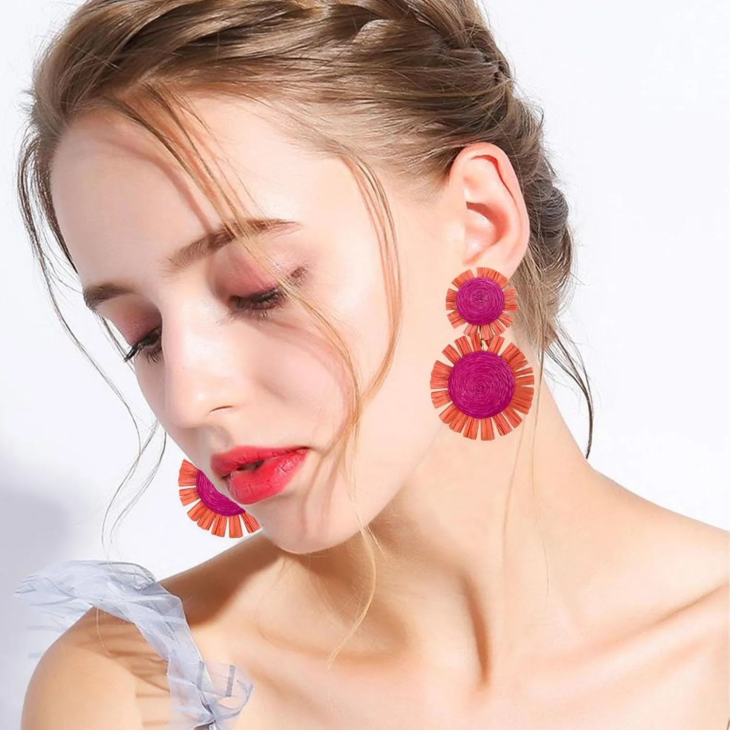 Handmade Statement Raffia Earrings Boho Rattan Dangle Earrings Straw Wrap Summer for Women
