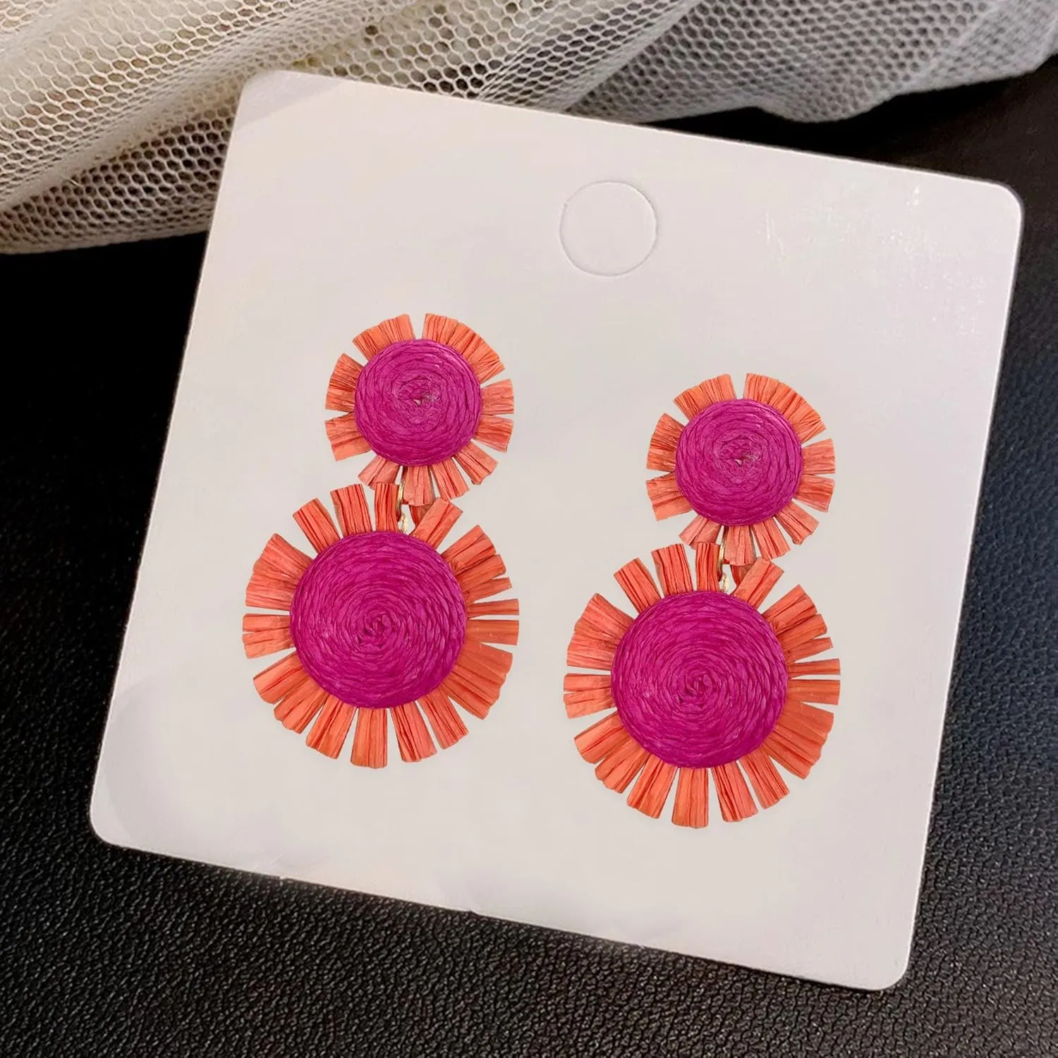 Handmade Statement Raffia Earrings Boho Rattan Dangle Earrings Straw Wrap Summer for Women