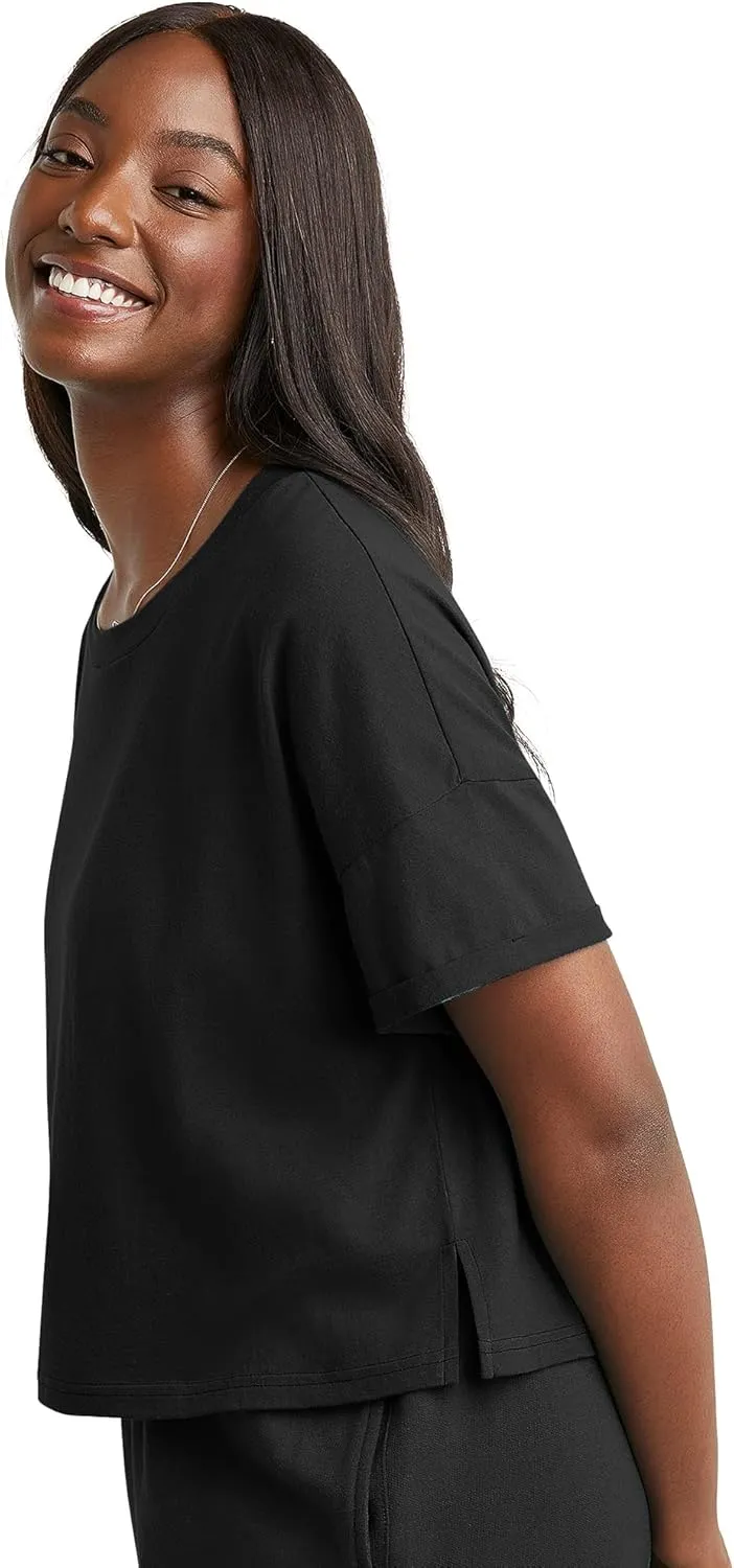 Hanes Women's Originals Boxy Cropped T-Shirt with Rolled Sleeves, 100% Cotton Crop Top