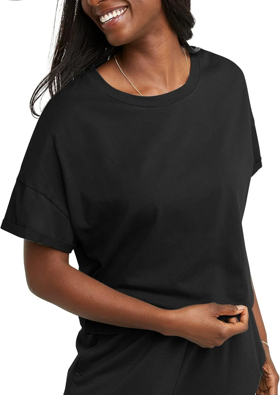 Hanes Women's Originals Boxy Cropped T-Shirt with Rolled Sleeves, 100% Cotton Crop Top