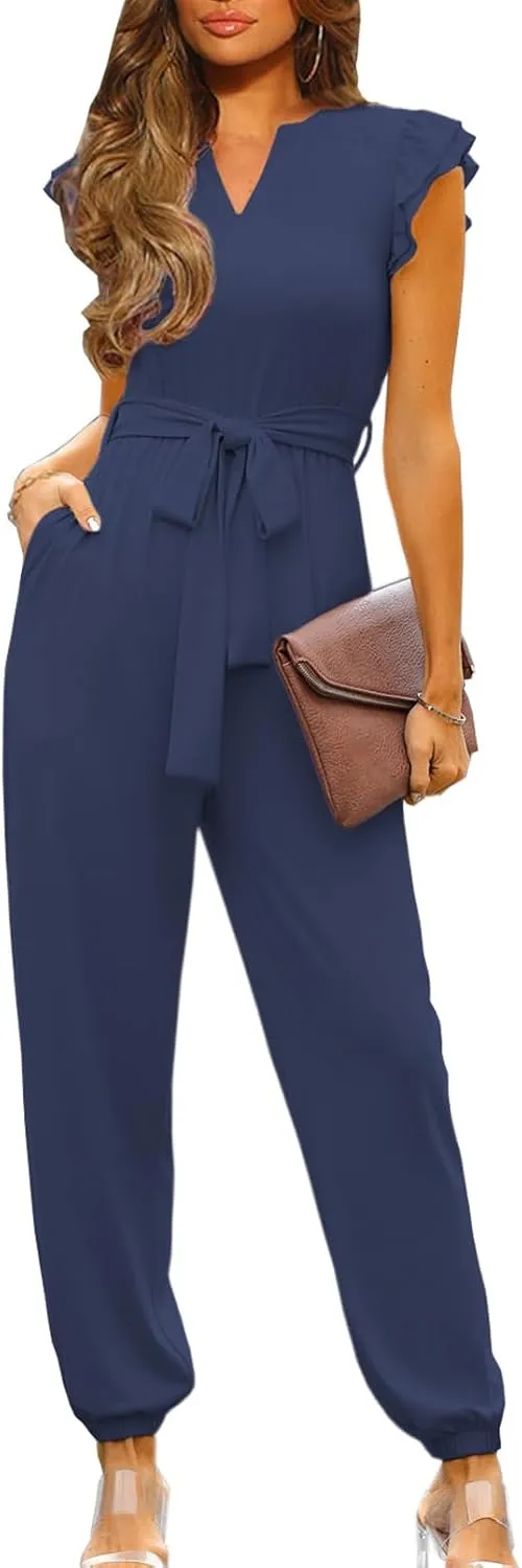 Happy Sailed Womens Jumpsuits Casual Dressy V Neck Frill Sleeve Waist Belt Pockets Long Pants Romper One Piece Outfits