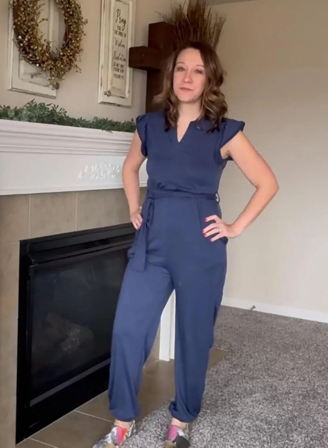 Happy Sailed Womens Jumpsuits Casual Dressy V Neck Frill Sleeve Waist Belt Pockets Long Pants Romper One Piece Outfits