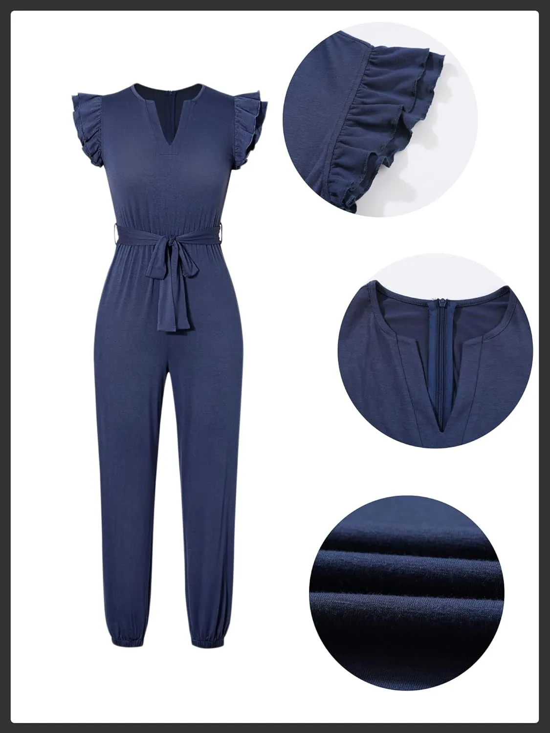Happy Sailed Womens Jumpsuits Casual Dressy V Neck Frill Sleeve Waist Belt Pockets Long Pants Romper One Piece Outfits