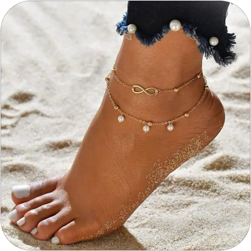 Harry and Henry Gold Anklets for Women Layered Pearl Beads Anklet for Teen Girls Infinite Chain Ankle Bracelet for Summer Holiday Adjustable Beach Foot Jewelry