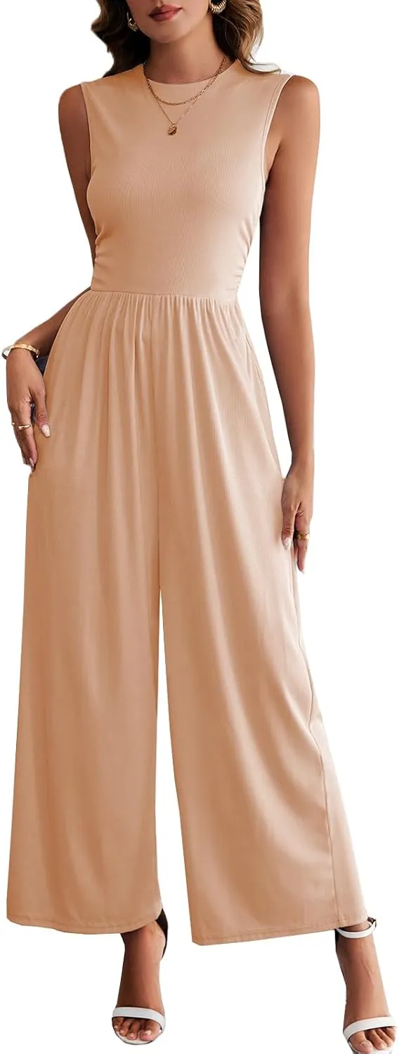 HELYO Women's One Piece Outfit Jumpsuits Dressy Casual Outfits Sleeveless Mock Neck Wide Leg Pants Rompers with Pockets S79