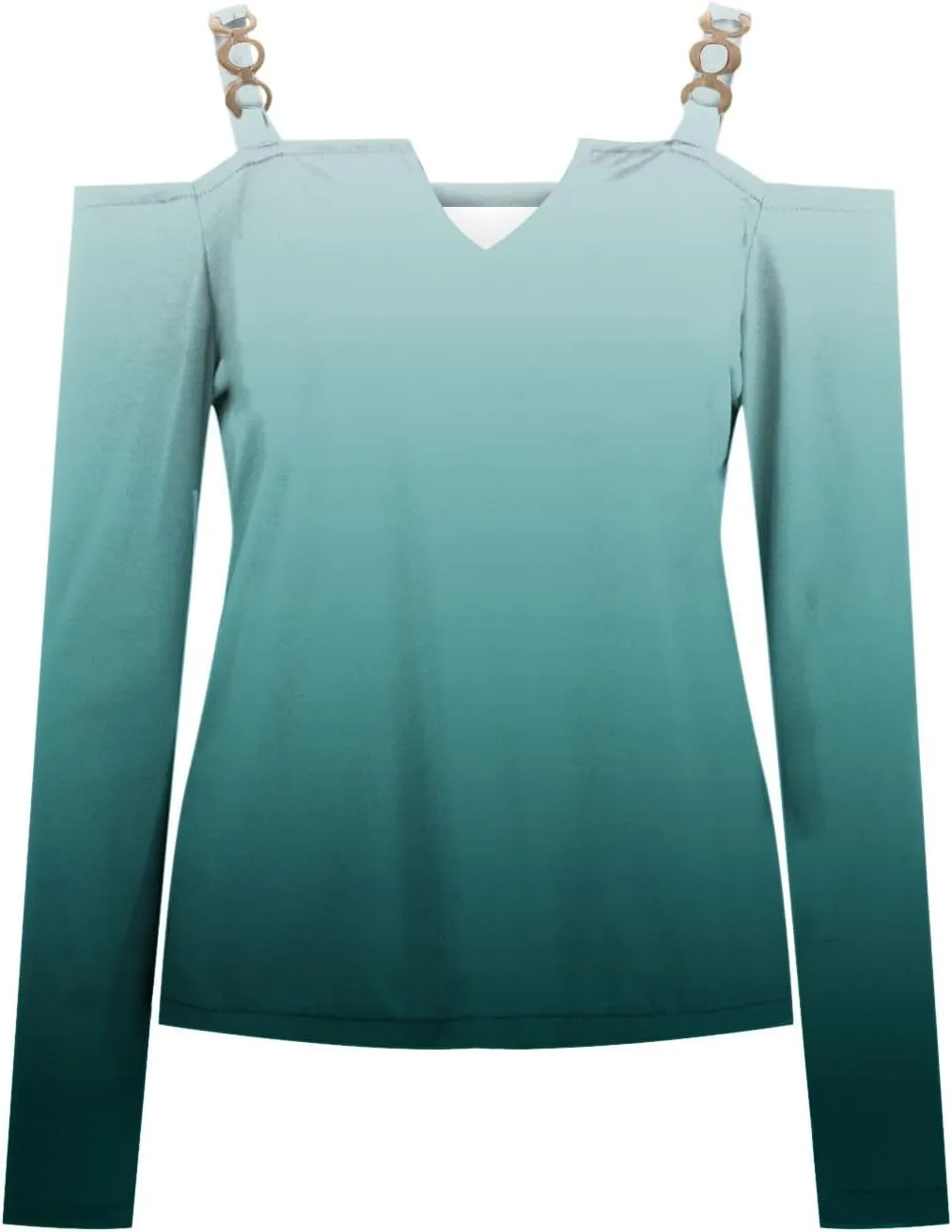 HGps8w Cold Shoulder Tops for Women Gradient V Neck Metal Chain Strap Long Sleeve Shirts Ladies Dressy Casual Fitted Blouses