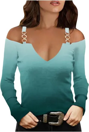 HGps8w Cold Shoulder Tops for Women Gradient V Neck Metal Chain Strap Long Sleeve Shirts Ladies Dressy Casual Fitted Blouses