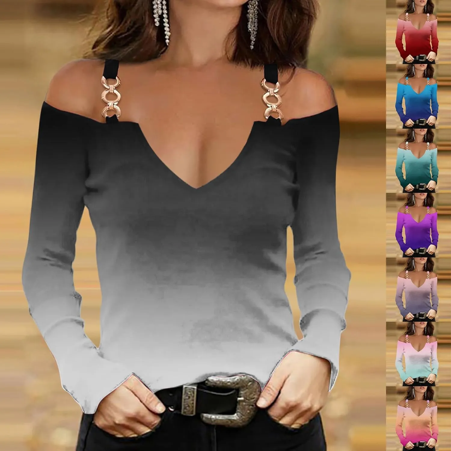 HGps8w Cold Shoulder Tops for Women Gradient V Neck Metal Chain Strap Long Sleeve Shirts Ladies Dressy Casual Fitted Blouses