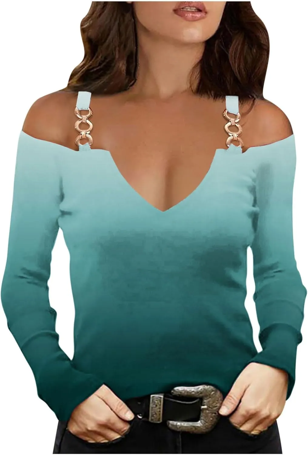 HGps8w Cold Shoulder Tops for Women Gradient V Neck Metal Chain Strap Long Sleeve Shirts Ladies Dressy Casual Fitted Blouses