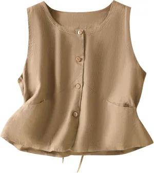 HGps8w Cotton Linen Tank Tops for Women 2025 Summer Loose Button Down Vest Sleeveless Casual Tunic Shirts Blouse