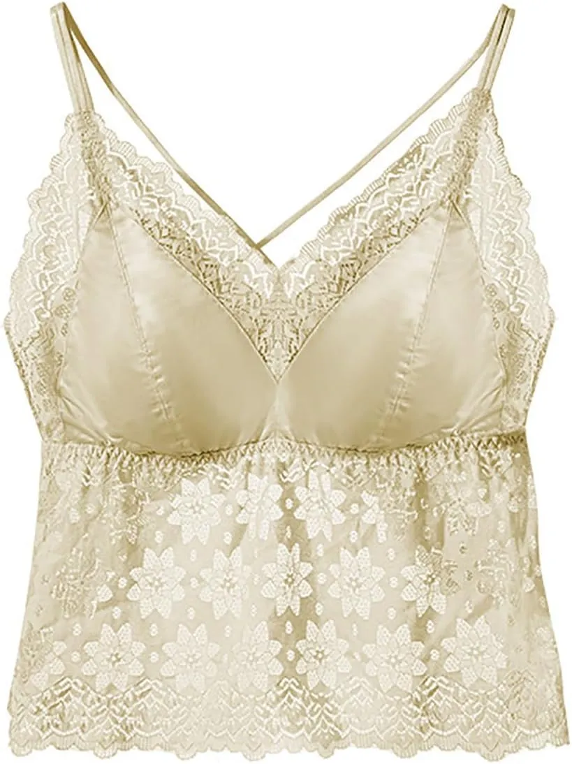 HGps8w Sexy Lace Camisole for Women with Detachable Built in Bra V Neck Spaghetti Strap Wireless Bralette Crop Tank Tops