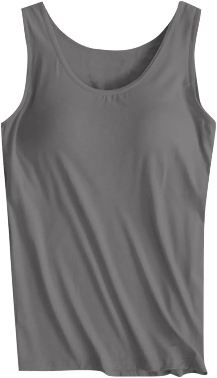 HGps8w Womens Plus Size Basic Tank Tops with Bulit-in-Bra, Crewneck Sleeveless Undershirts Casual 2025 Summer Workout Shirts