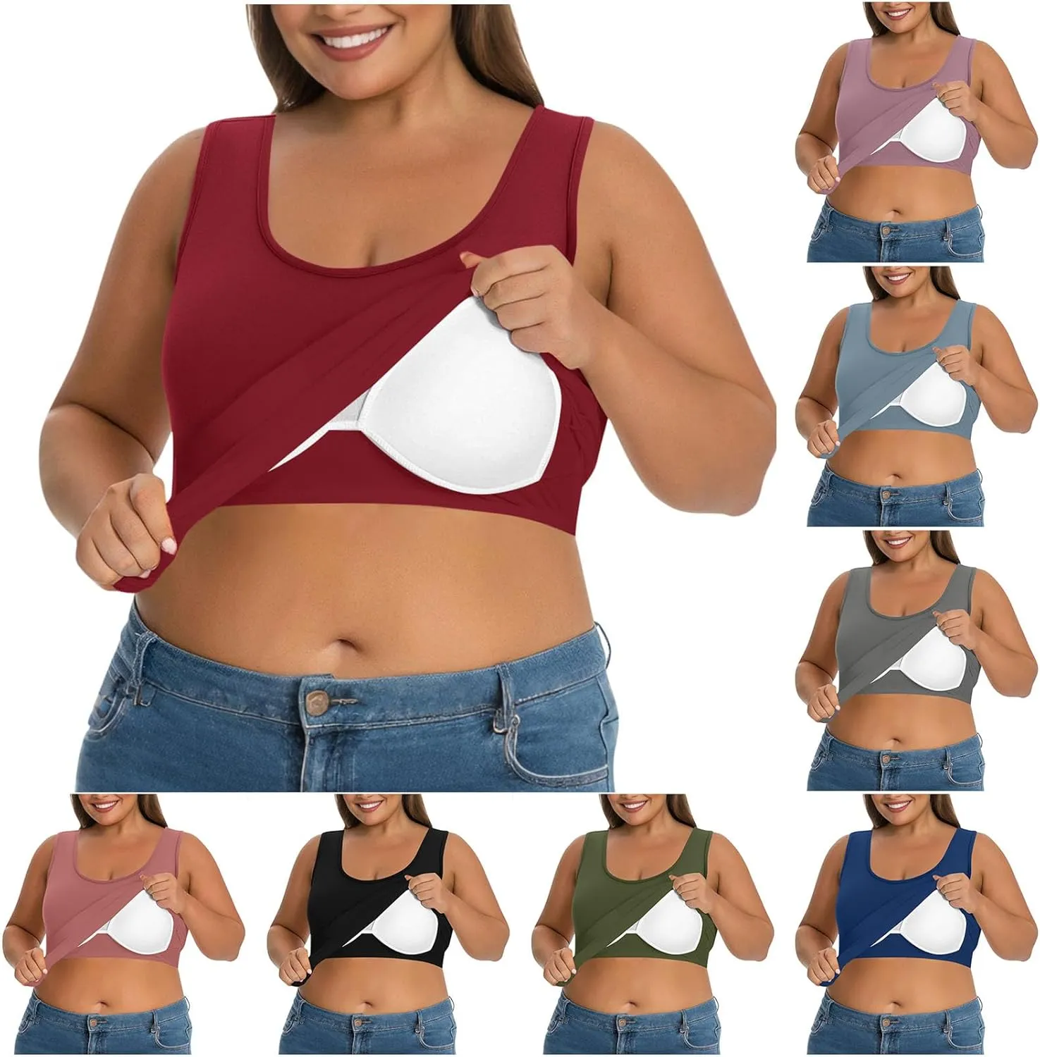 HGps8w Womens Plus Size Basic Tank Tops with Bulit-in-Bra, Crewneck Sleeveless Undershirts Casual 2025 Summer Workout Shirts