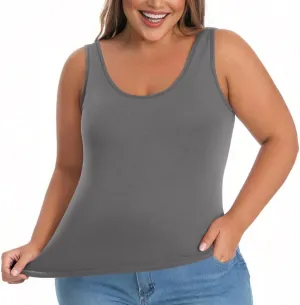 HGps8w Womens Plus Size Basic Tank Tops with Bulit-in-Bra, Crewneck Sleeveless Undershirts Casual 2025 Summer Workout Shirts