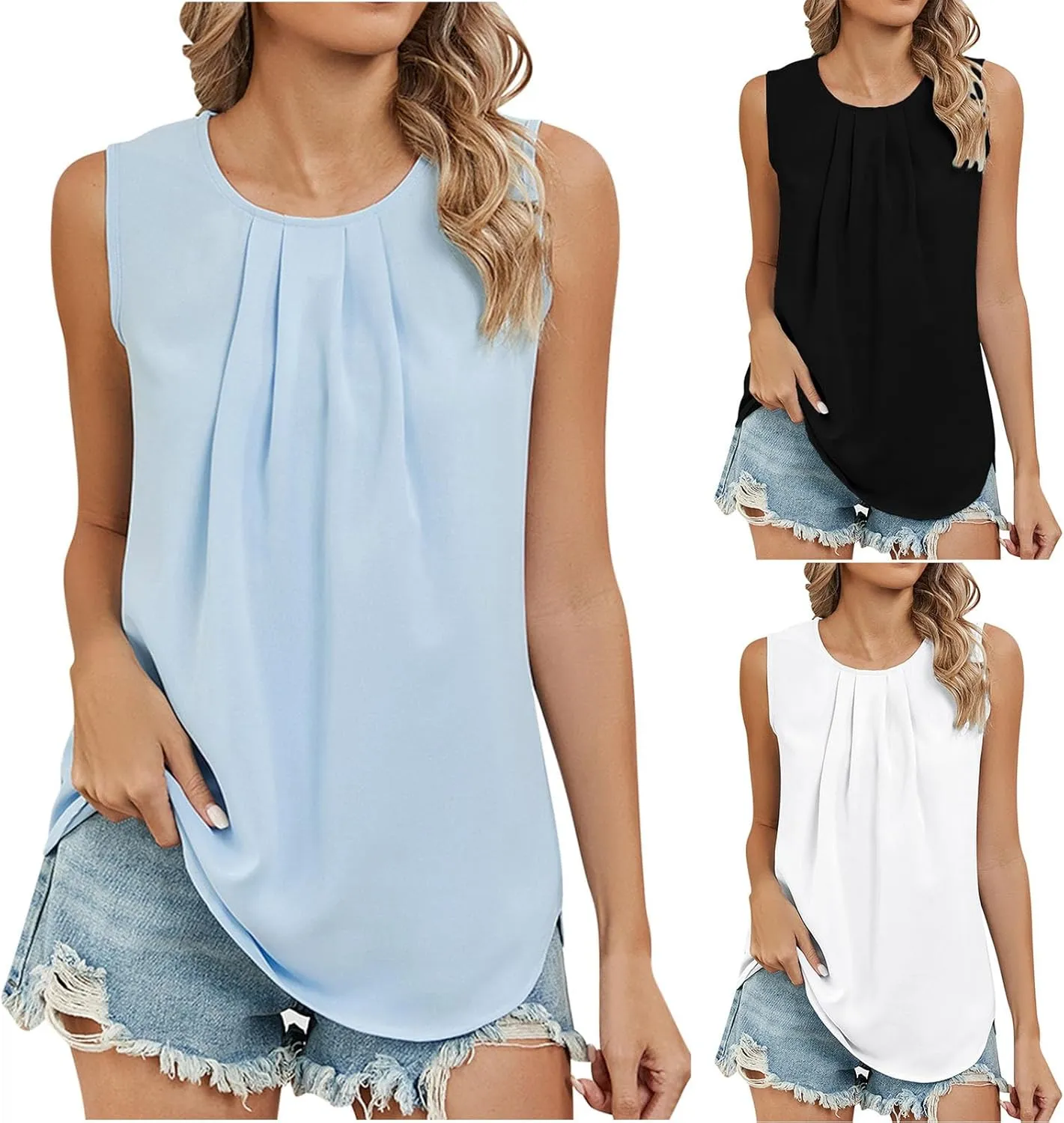 HGps8w Women's Tank Tops Dressy Pleated Business Shirts 2025 Summer Loose Crewneck Sleeveless T-Shirt Blouses