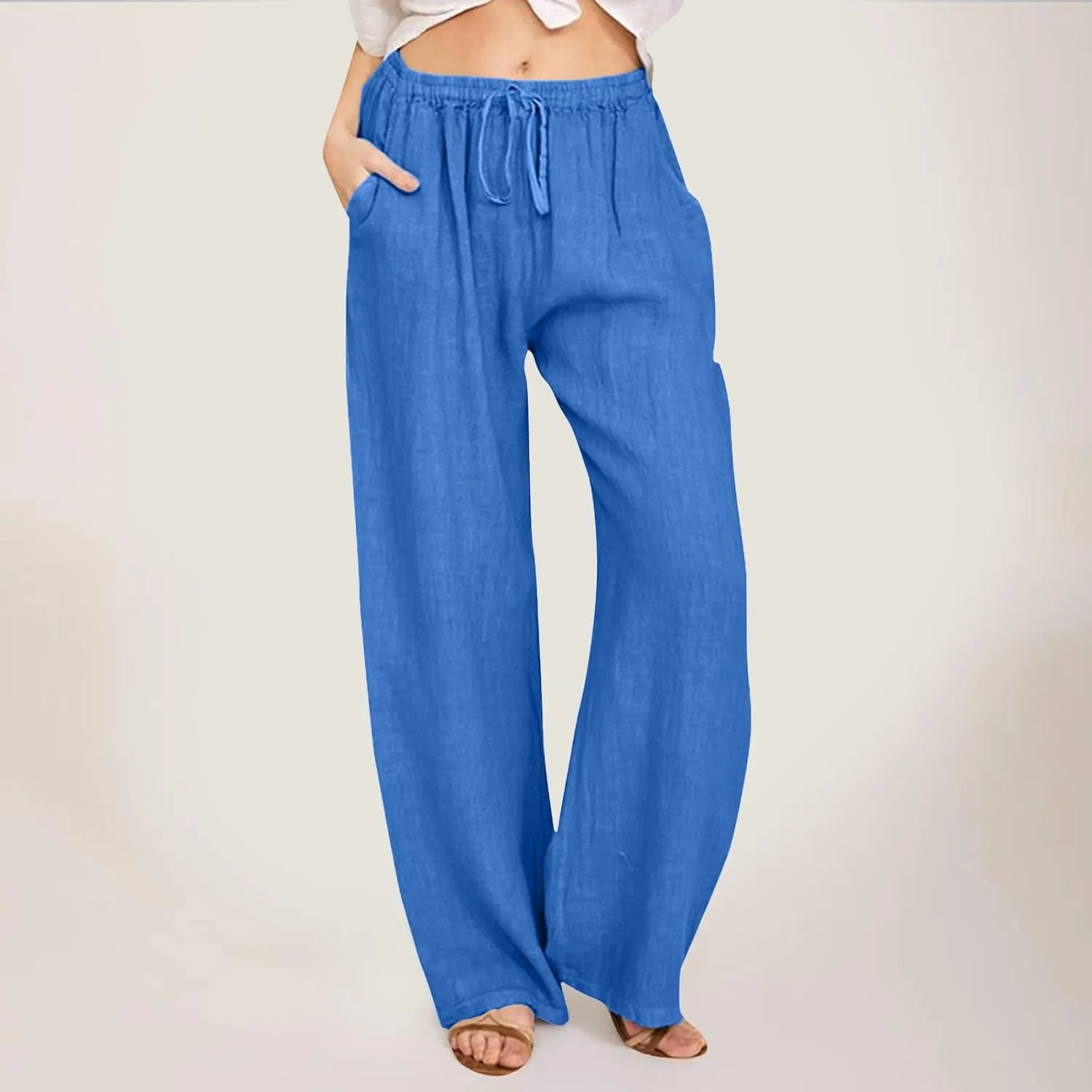 High Waist Wide Leg Linen Pants For Women Drawstring Boho Palazzo Trouser with Pockets Lounge Travel Vacation Outfits