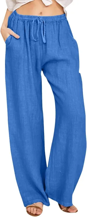 High Waist Wide Leg Linen Pants For Women Drawstring Boho Palazzo Trouser with Pockets Lounge Travel Vacation Outfits