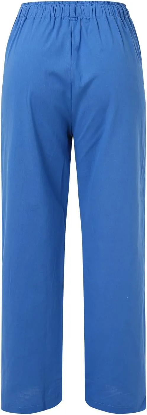 High Waist Wide Leg Linen Pants For Women Drawstring Boho Palazzo Trouser with Pockets Lounge Travel Vacation Outfits