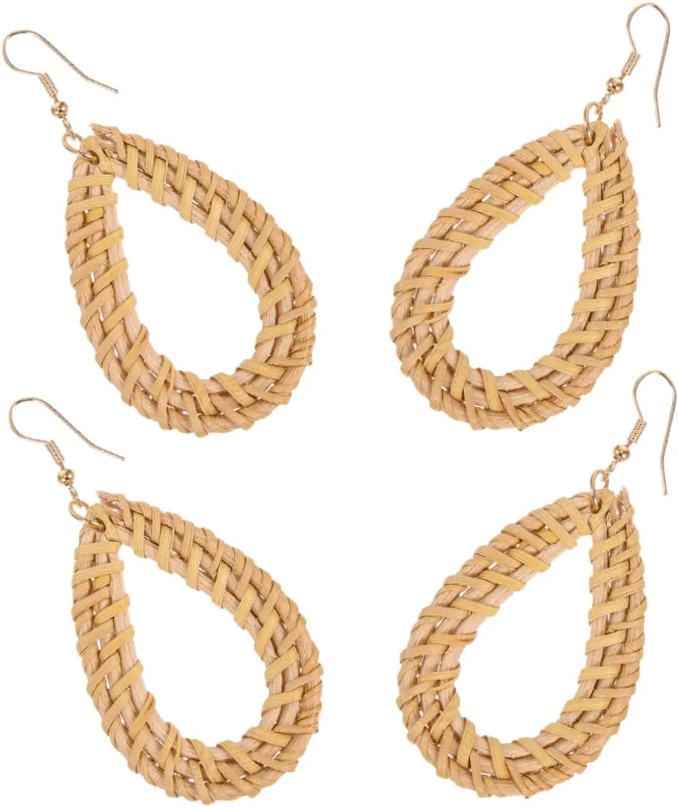 Homoyoyo Handmade Rattan Earrings for Women Bold Ethnic Dangle Earrings Teardrop Hollow Design for Summer Parties Travel
