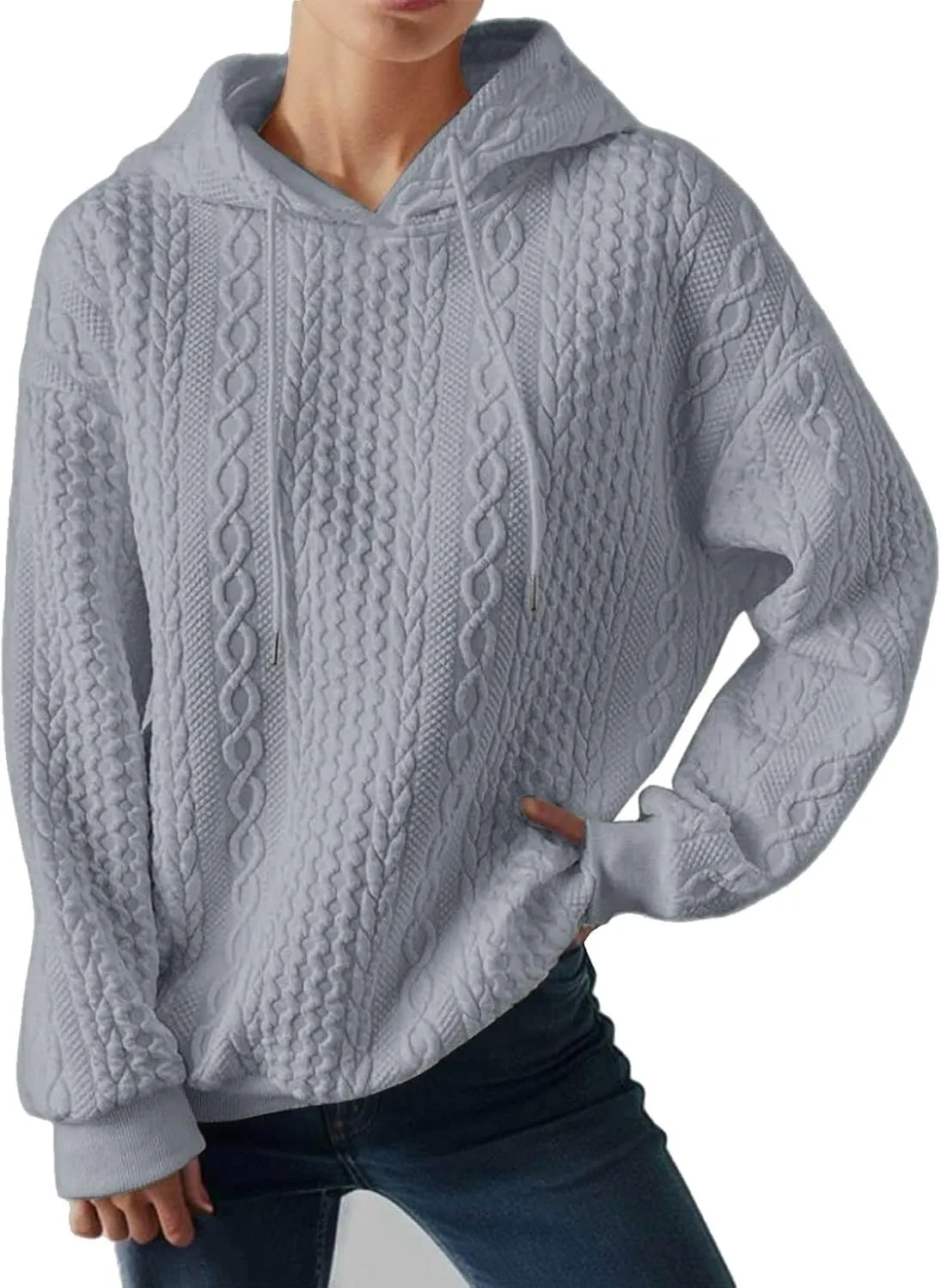 Hooded Sweatshirt Women Pullover Drawstring Loose Sweaters Trendy Oversized Long Sleeve Shirt Solid Top with Pocket
