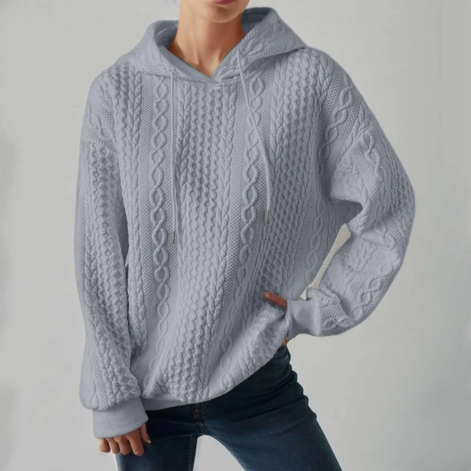 Hooded Sweatshirt Women Pullover Drawstring Loose Sweaters Trendy Oversized Long Sleeve Shirt Solid Top with Pocket
