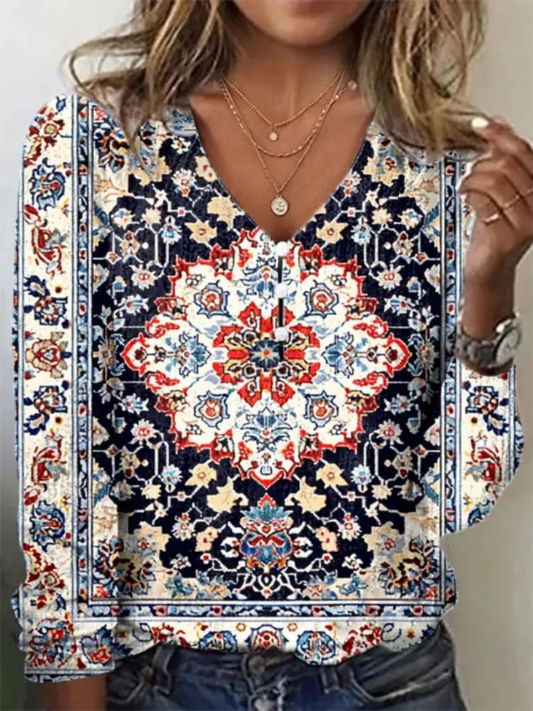 HOTYD Women's Boho Floral Print Shirts Ladies Long Sleeve Summer Tops Blouses for Women Dressy Casual V Neck Tunic Tops