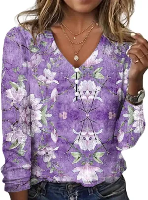 HOTYD Women's Boho Floral Print Shirts Ladies Long Sleeve Summer Tops Blouses for Women Dressy Casual V Neck Tunic Tops