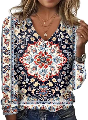 HOTYD Women's Boho Floral Print Shirts Ladies Long Sleeve Summer Tops Blouses for Women Dressy Casual V Neck Tunic Tops