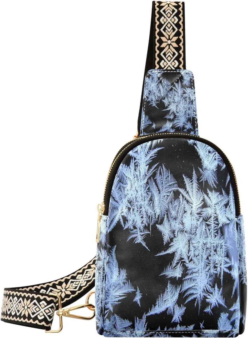 Ice Flower Fanny Pack Crossbody PC Leather Small Sling Bag for Women Winter Fashion Waist Packs Chest Bag for Travel Sports Running Hiking