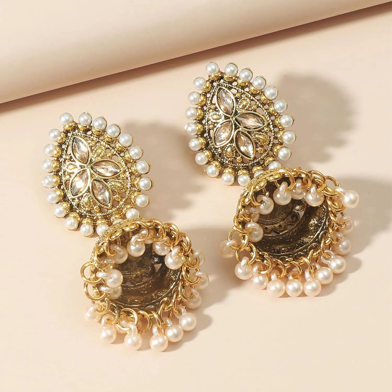 Indian Gold Jewelry Earrings for Women Jhumkas Chandelier Dangle Earring Bollywood Party Accessories Ethnic Gift Set Traditional Indian Earrings for Women Handmade Jhumka Jewelry Chandelier Dangle Ethnic Accessories