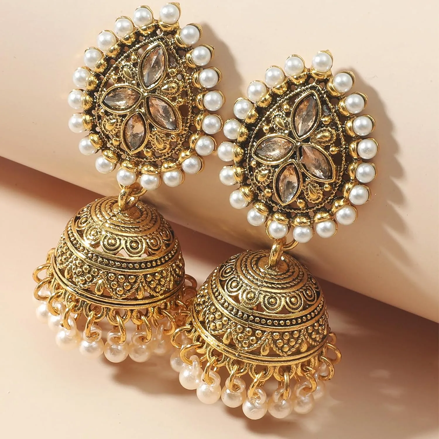 Indian Gold Jewelry Earrings for Women Jhumkas Chandelier Dangle Earring Bollywood Party Accessories Ethnic Gift Set Traditional Indian Earrings for Women Handmade Jhumka Jewelry Chandelier Dangle Ethnic Accessories